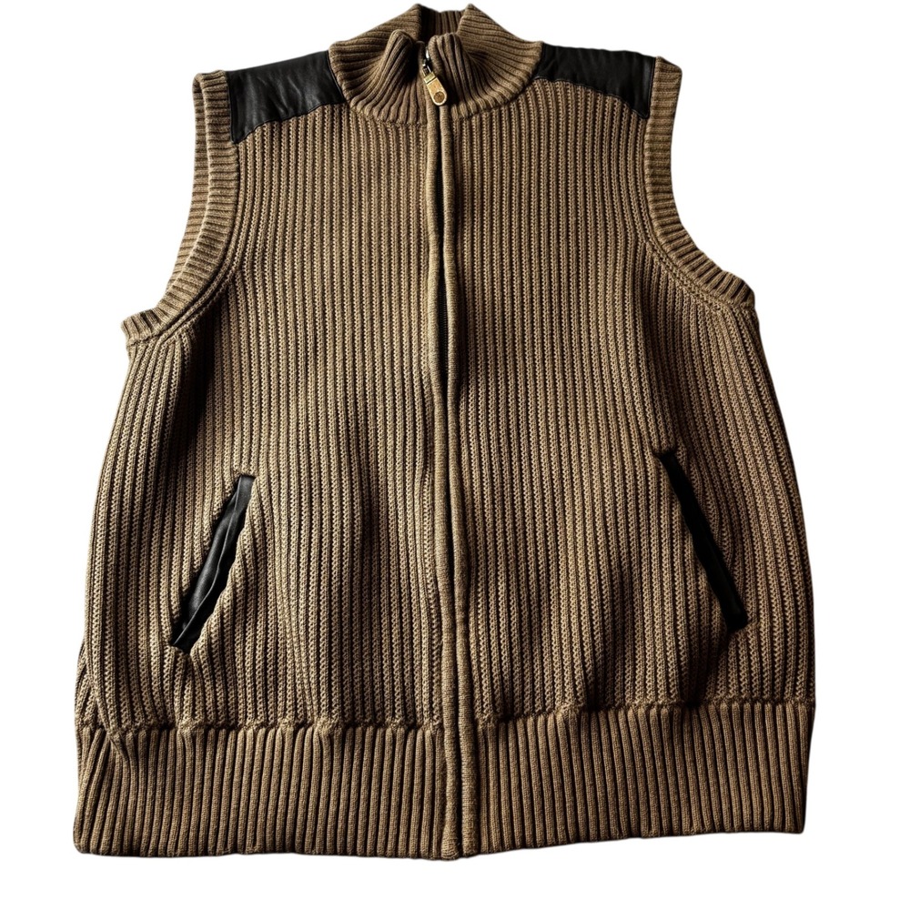 National Geographic Mens Knit Vest Brown Full Zip Mock Neck Leather Trim Large